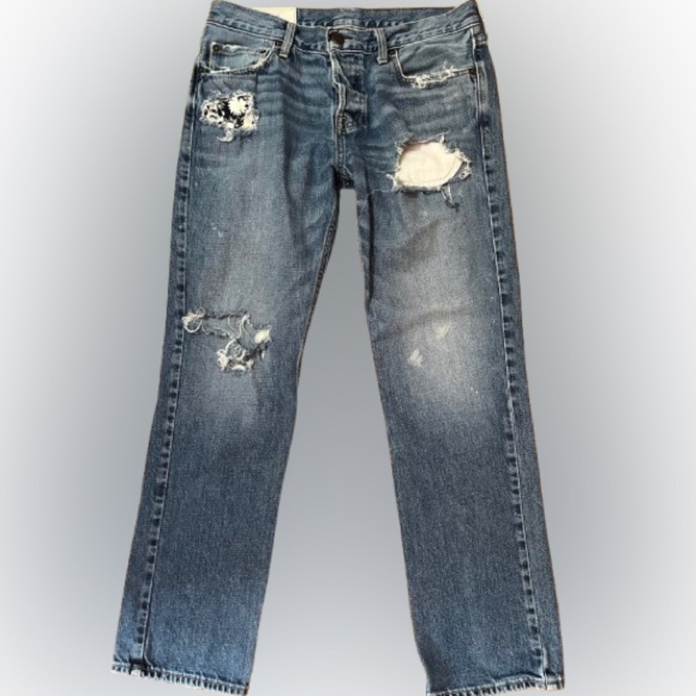 Hollister Slim Straight Men's Button Fly Distressed Blue Denim Jeans Size 32
